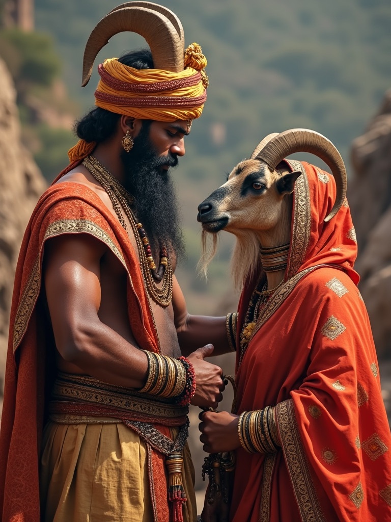 Gandhari marries a goat. Scene set in an ancient landscape. Man wears traditional attire with golden accents. Woman wears a vibrant orange sari adorned with gold. Both have symbolic horns. The interaction signifies a unique cultural narrative.