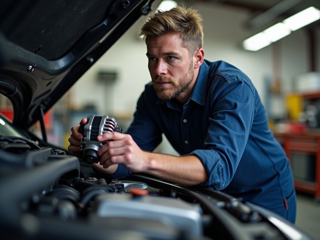 A skilled mechanic is focused on installing an alternator beneath the hood of a car. The ambient light in the garage space is soft, highlighting the mechanic's concentration and the metallic details of the engine. His facial expression reveals dedication and expertise in his craft. The workshop setting creates a subtle industrial ambiance. Tools and parts are organized in the background, enhancing the professional atmosphere.