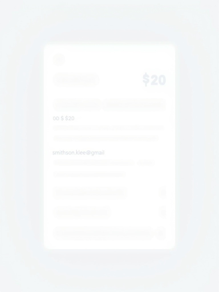 Screenshot representation of PayPal payment. Display payment amount and recipient details. Include PayPal logo. Minimalist layout with light colors. Highlight $20 transaction to smithson.klee@gmail.com.