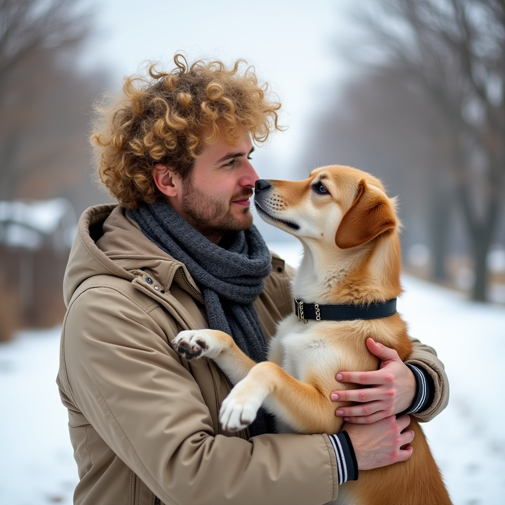 A man in a winter coat and scarf lovingly nuzzles a dog in a snowy park.