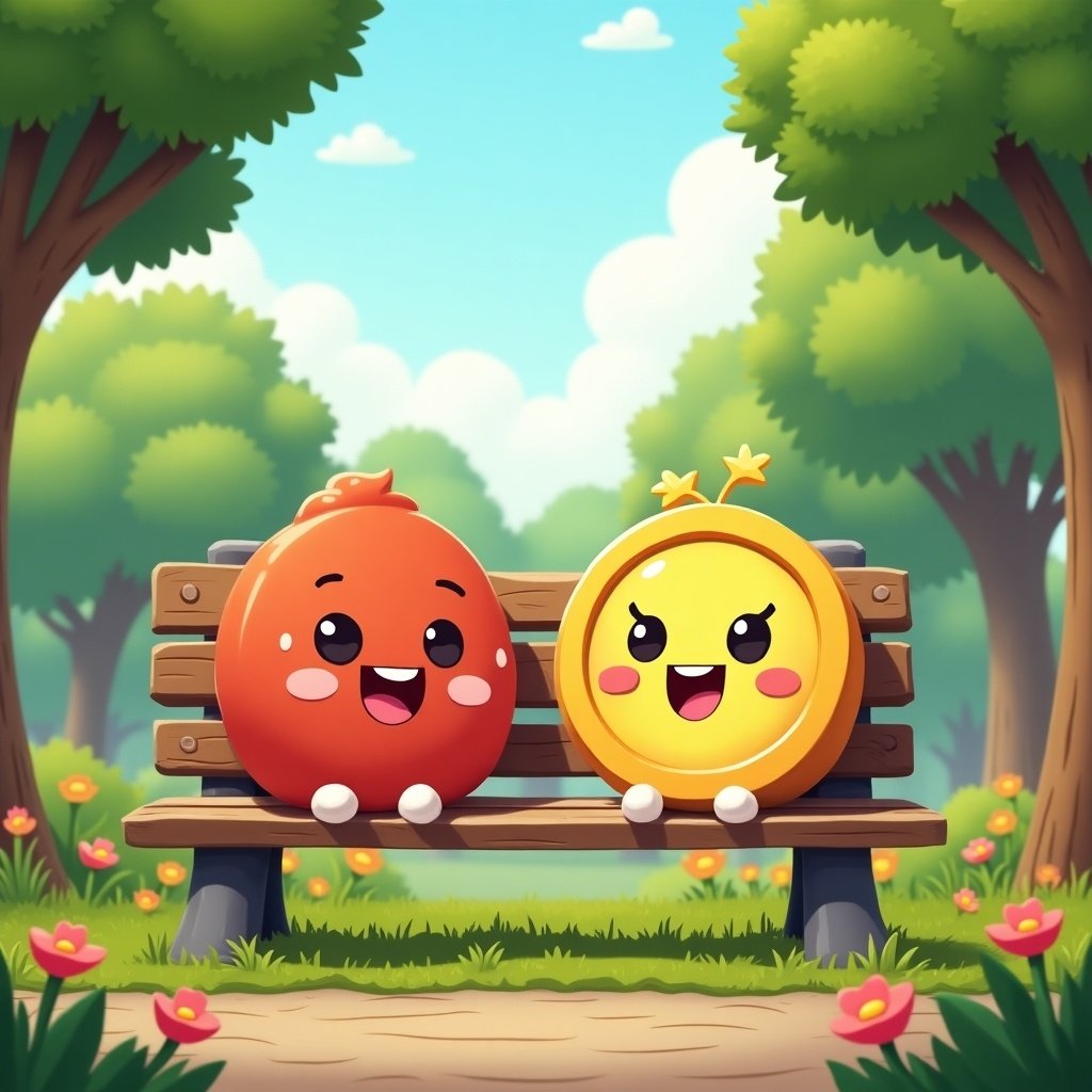 Two animated characters with happy expressions are sitting on a bench in a park. The background features trees and flowers.