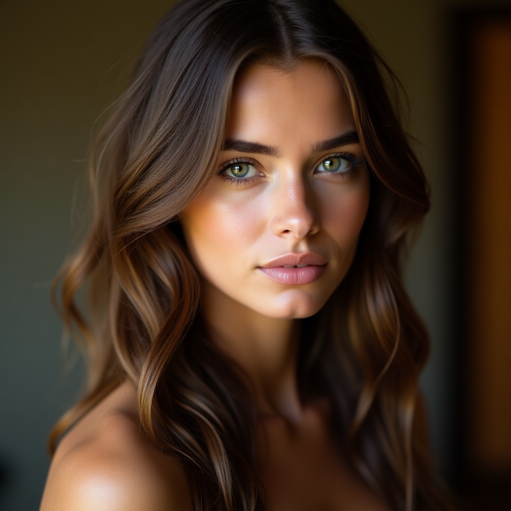 The image showcases a close-up portrait of a young woman with long, wavy hair and captivating green eyes. She has a neutral expression, radiating a sense of serenity and introspection. The setting is a softly lit room with warm tones, creating a cozy atmosphere. The background is blurred, which keeps the focus on her face. Her natural beauty is highlighted by the lighting that enhances her features and contours. This striking photograph captures a moment of quiet beauty and emotion, making it suitable for various marketing and advertising uses.