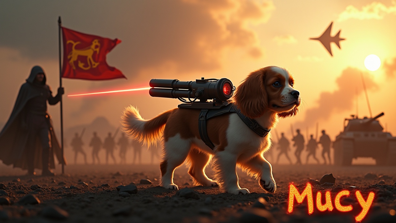 In a dramatic scene, a fluffy brown and white cavalier king charles spaniel strides confidently across a dark, desolate battlefield. Equipped with a laser cannon on its back, it fires a bright red beam toward the horizon. Nearby, a cloaked figure stands with pride, holding a flag that bears a dog emblem. A group of small soldiers can be seen in the shadows, positioned alongside tanks. The sky is illuminated by the fiery sun, and a jet fighter zips above, adding to the intensity of the scene. At the bottom, the name 'Mucy' is displayed in a bold, fiery font.