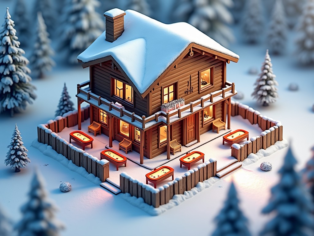 This image features a charming wooden cabin blanketed in snow, nestled in a wintry forest setting. Warm glowing lights illuminate the interior, creating a cozy atmosphere. The surrounding pine trees are dusted with snow, enhancing the serene, idyllic mood of the scene.