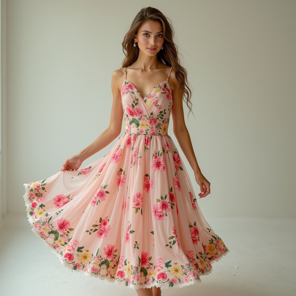 Dress featuring floral patterns in soft pink tones, designed for spring wear, exuding elegance and couture style.