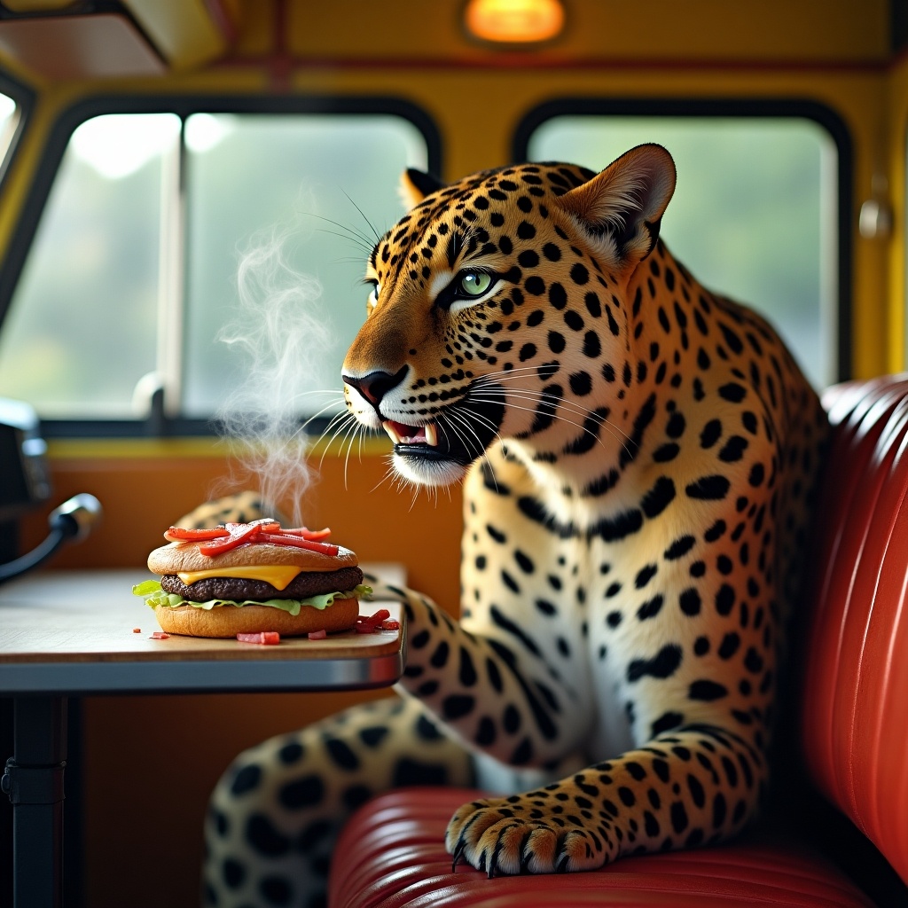 The image features a leopard sitting inside a vibrant food van. The leopard is casually holding a freshly made burger with steam rising from it. The animal has an expressive face, suggesting a humorous or quirky demeanor. The interior of the van is colorful, adding to the playful atmosphere of the scene. This whimsical depiction blends wildlife with culinary creativity, highlighting the unique concept of an animal chef. The burger includes colorful toppings, enhancing the visual appeal of the food. Overall, it captures a fun and unexpected culinary moment.