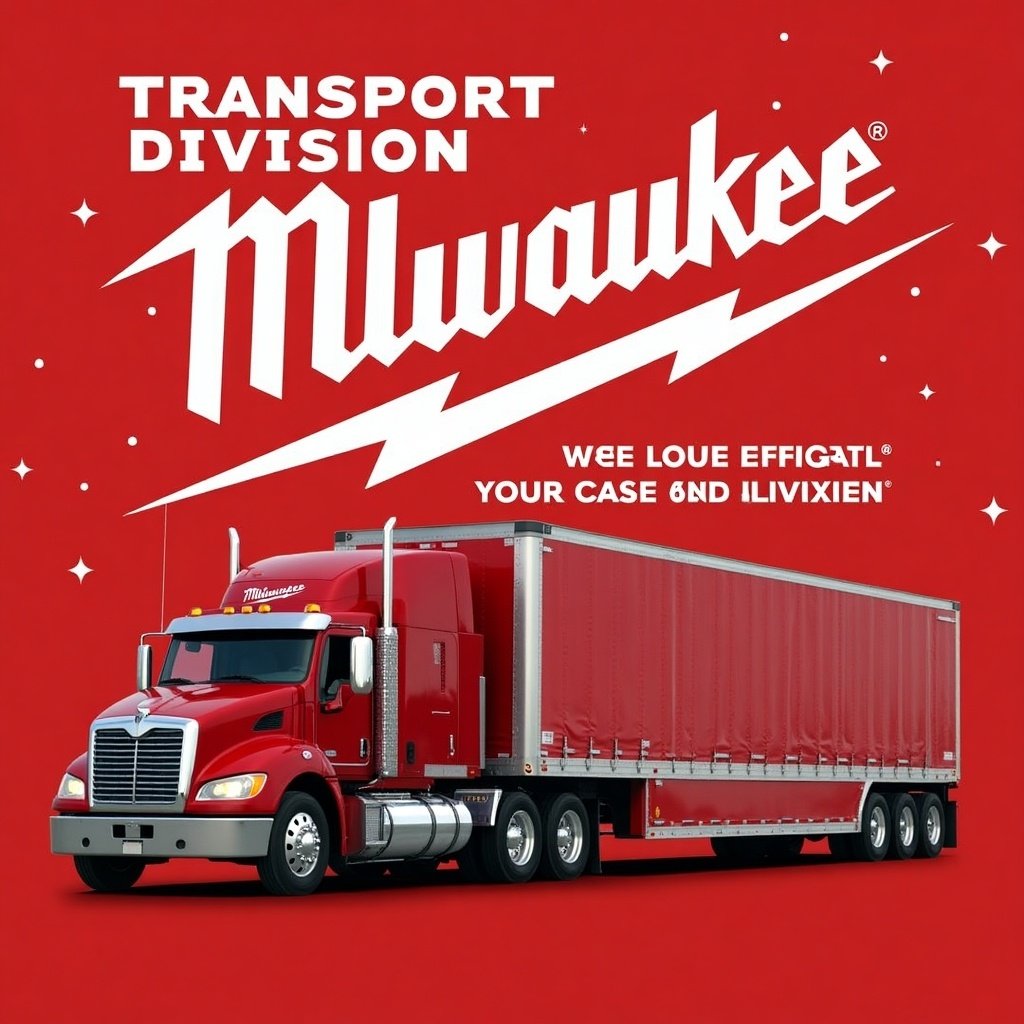 Milwaukee Tools Transport Division wishes Merry Christmas to loved ones. Image of a red transport truck with branding against a festive background.