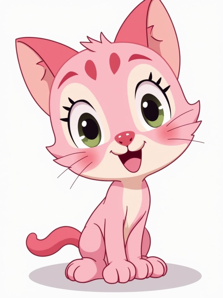 A cute pink kitten character design in CalArts style. The kitten has large expressive eyes and a cheerful smile. It features pink fur and a cream-colored belly. The character poses in a playful manner with a curled tail. Background is simple and white to highlight the character.