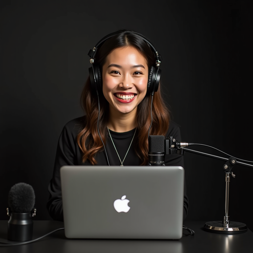 A smiling woman with headphones is seated behind a laptop, speaking into a microphone, suggesting she is recording a podcast or broadcast.