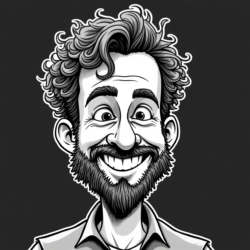 Caricature sketch of smiling man. Curly hair and bushy beard. Emphasize joyful expression. Large eyes and broad smile. Simple dark background. Exaggerated head and features. Playful details to show friendly demeanor.