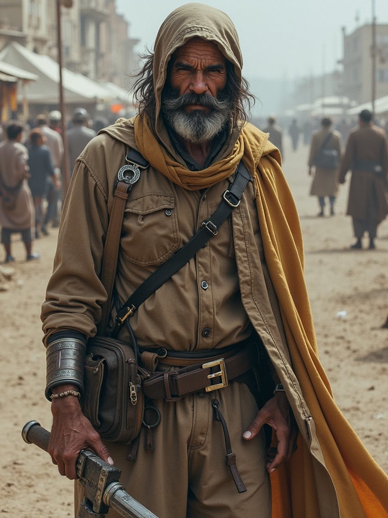 A man dressed in historical desert attire stands in a busy marketplace. He wears a tan outfit with a long cloak and carries a sword. The setting has a dusty atmosphere with people walking in the background. The image captures the essence of adventure and exploration in a historical context.