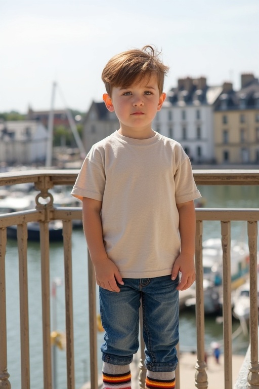 A young boy stands on a balcony. He wears a large natural-colored T-shirt and blue jeans. His socks are colorful. He has short light brown tousled hair. The background shows a sunny harbor in Normandy. The scene feels peaceful and quiet.