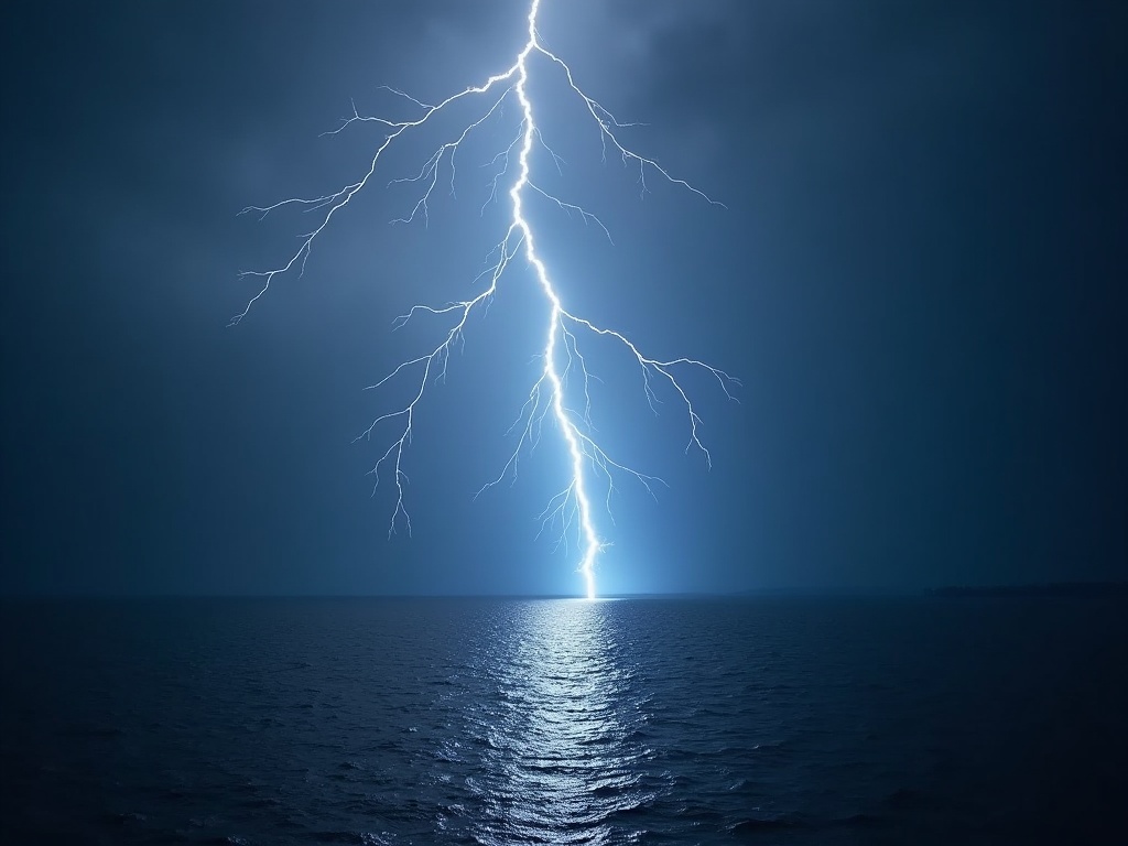 A dramatic scene capturing a powerful lightning bolt striking the surface of the ocean. The sky is filled with dark clouds, enhancing the intensity of the storm. The lighting from the bolt illuminates the water, creating a striking contrast against the dark backdrop. The overall mood is both awe-inspiring and foreboding, emphasizing the power of nature. This image showcases the beauty and danger of a thunderstorm at night.