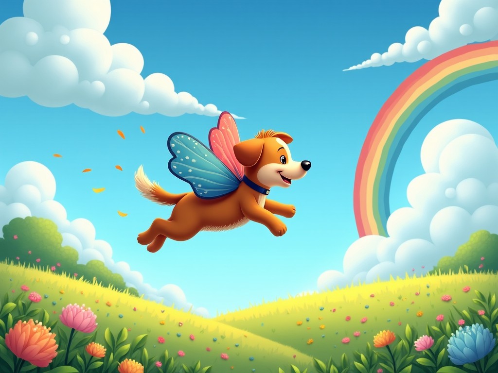 A cartoon-style image of a joyful dog with butterfly wings, flying over a vibrant meadow under a blue sky with fluffy clouds and a rainbow.