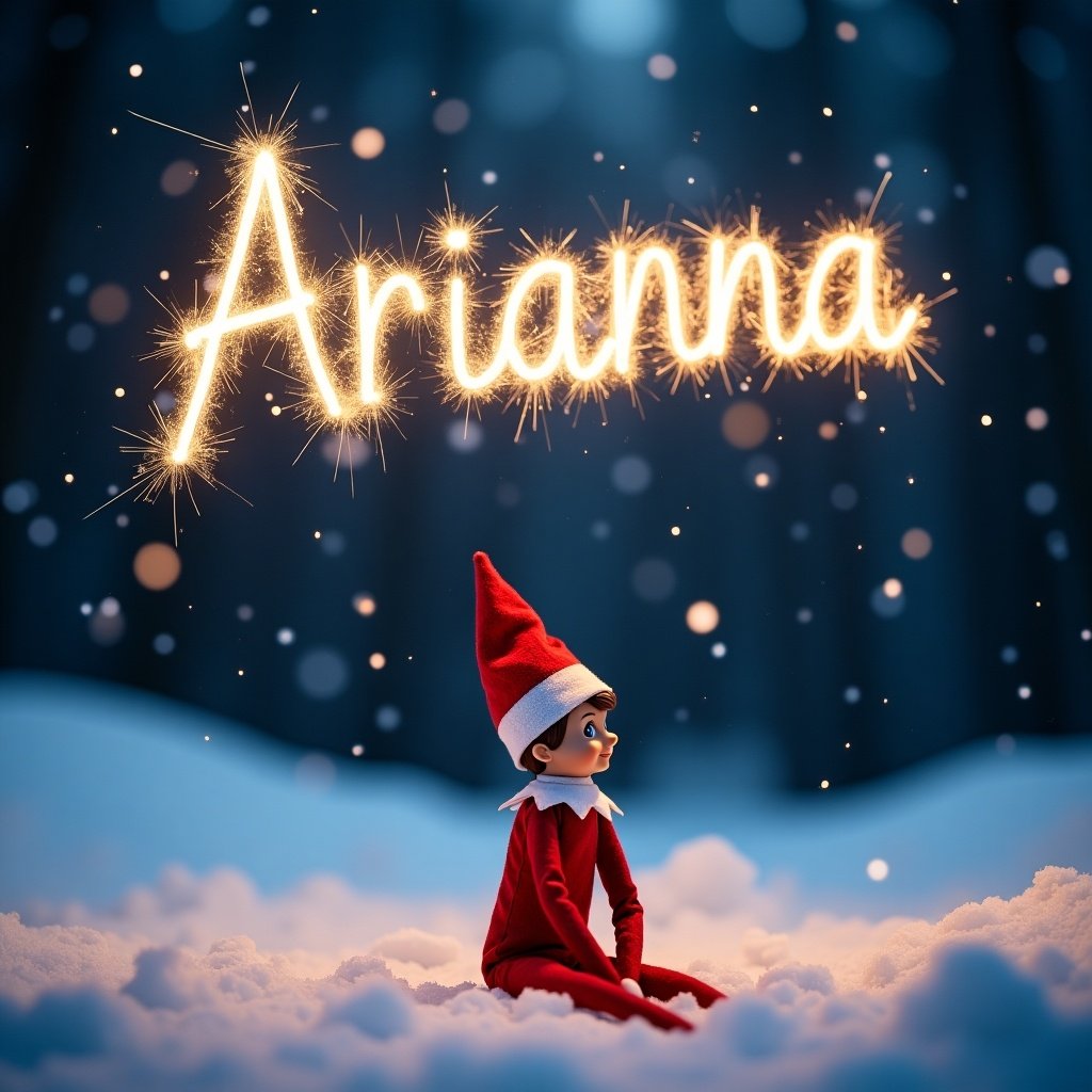 Elf on the Shelf in a snowy scene at night. Name Arianna written in the sky with sparklers. Snowflakes falling around.