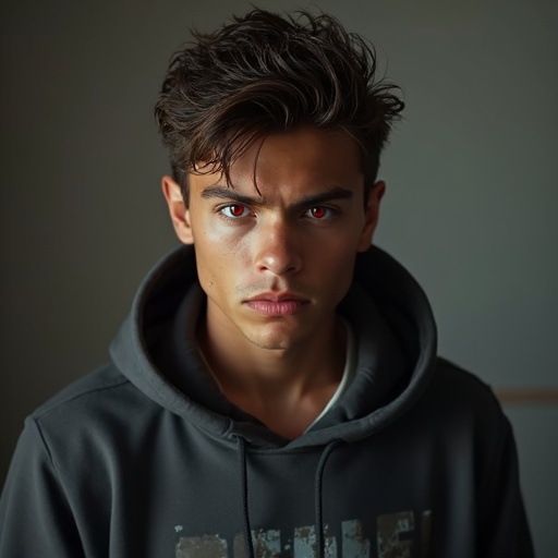 Amateur low-quality flash photo featuring a young man with brown skin and red eyes. He has short spiky hair and a serious expression. He wears a fitted shirt and hoodie with sweatpants and worn sneakers.