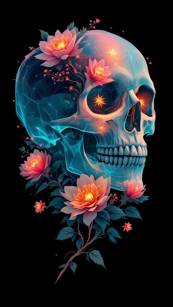 Vector design of an ethereal skull partially transparent. It features glowing flowers and leaves emerging from within. The background is black with high detail suitable for t-shirt graphic.