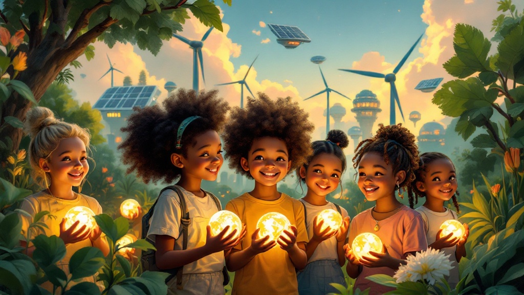 Children from diverse backgrounds smile together, each holds a glowing globe. The backdrop shows lush greenery and futuristic eco-buildings. Floating wind turbines and solar panels are visible in the bright sky. The scene evokes themes of hope and sustainability with vibrant colors and painterly textures.