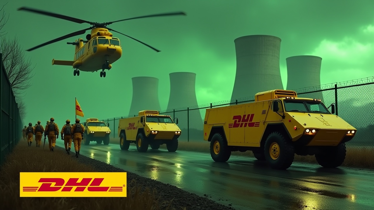 In this dramatic scene, several large yellow armored vehicles approach a fence. The vehicles prominently display the DHL logo. Nearby, soldiers in yellow uniforms march in unison, carrying rifles. One soldier stands out, valiantly holding a flag with the DHL logo. In the background, glowing green smokestacks of a nuclear power plant add an eerie atmosphere. A large yellow Chinook helicopter flies overhead, enhancing the intensity of the setting. The DHL logo is displayed boldly at the bottom, reinforcing brand identity.