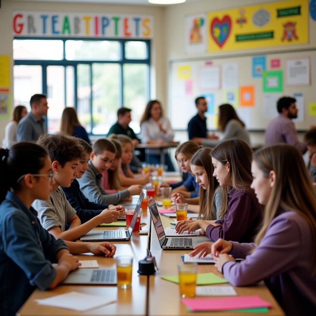 Photo shows students participating in a school club event with laptops and drinks on tables. Numerous students engage in activities in a bright classroom setting.