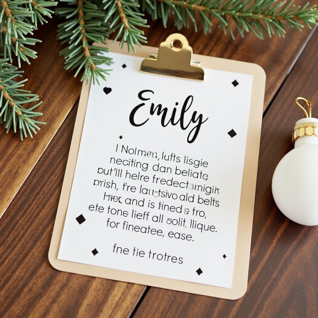 The image shows a clipboard with the name 'Emily' beautifully handwritten at the top. It features a heartfelt Christmas blessing intended for her. The background is adorned with festive elements, including a pine branch and a decorative ornament. The color palette consists of natural wood tones, greens, and gold, creating a warm holiday atmosphere. This design is perfect for sending good wishes during the Christmas season.