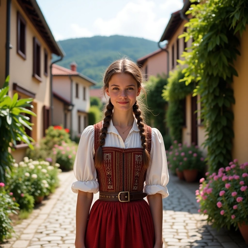 A person in traditional Hungarian clothing stands in a village. The setting includes houses with vibrant greenery and flowers. Photography captures the essence of Hungarian culture and attire.