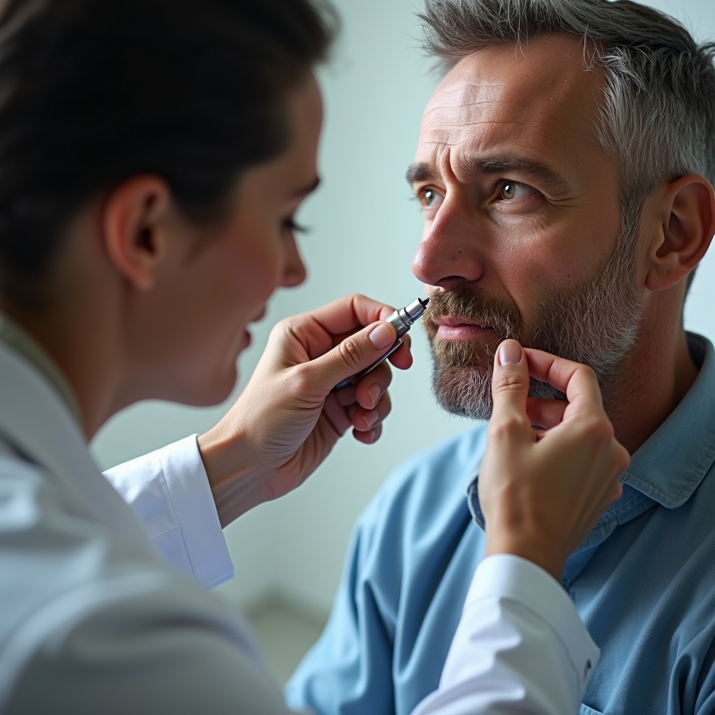 Doctor examining man's nostril using a medical instrument. Emphasis on thorough examination and attention to detail. Doctor is focused and cares for patient. Patient shows trust and concern. Soft lighting adds calming ambiance to clinical setting.