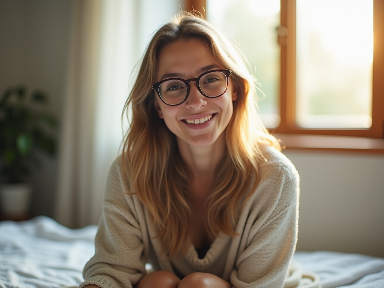 A smiling woman in glasses, sitting comfortably in a softly lit room by a window. The warm morning light highlights her relaxed and joyful expression.