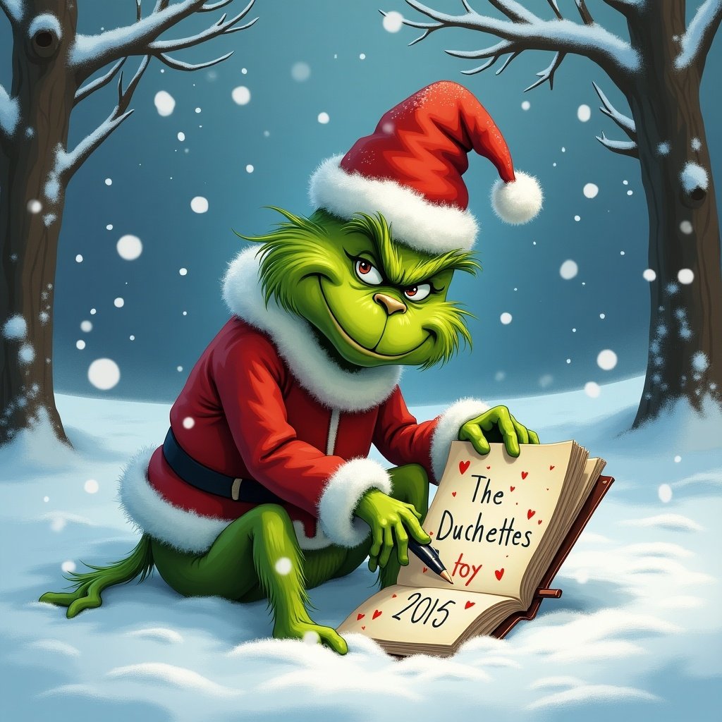 Grinch in a winter setting wearing a Santa hat. The Grinch is writing 'The Duchettes' in the snow with a book. Snowy background with trees.