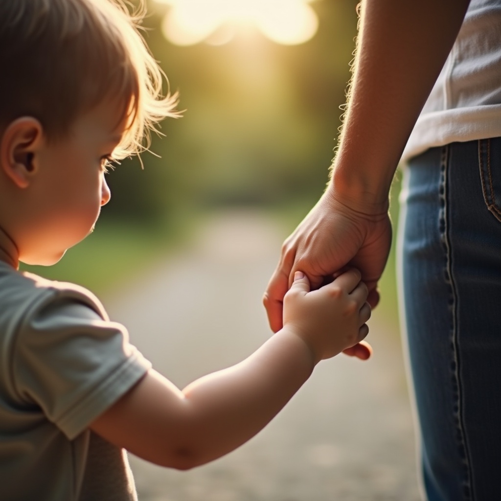 A child holds an adult's hand in a natural setting. Warm backlight creates a peaceful atmosphere. Focus on the connection between hands.