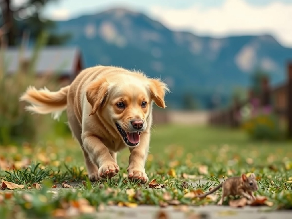 A playful puppy happily chasing a small mouse on a leaf-covered path outdoors.