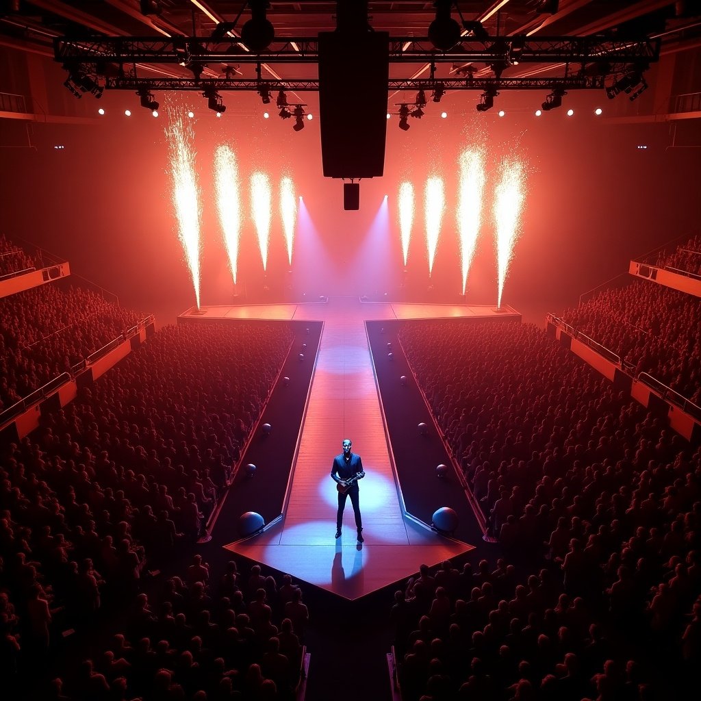 Aerial view of a concert stage featuring Roddy Rich at Madison Square Garden. T-stage runway illuminated with dramatic lighting and pyrotechnics. Large audience seated in the background.