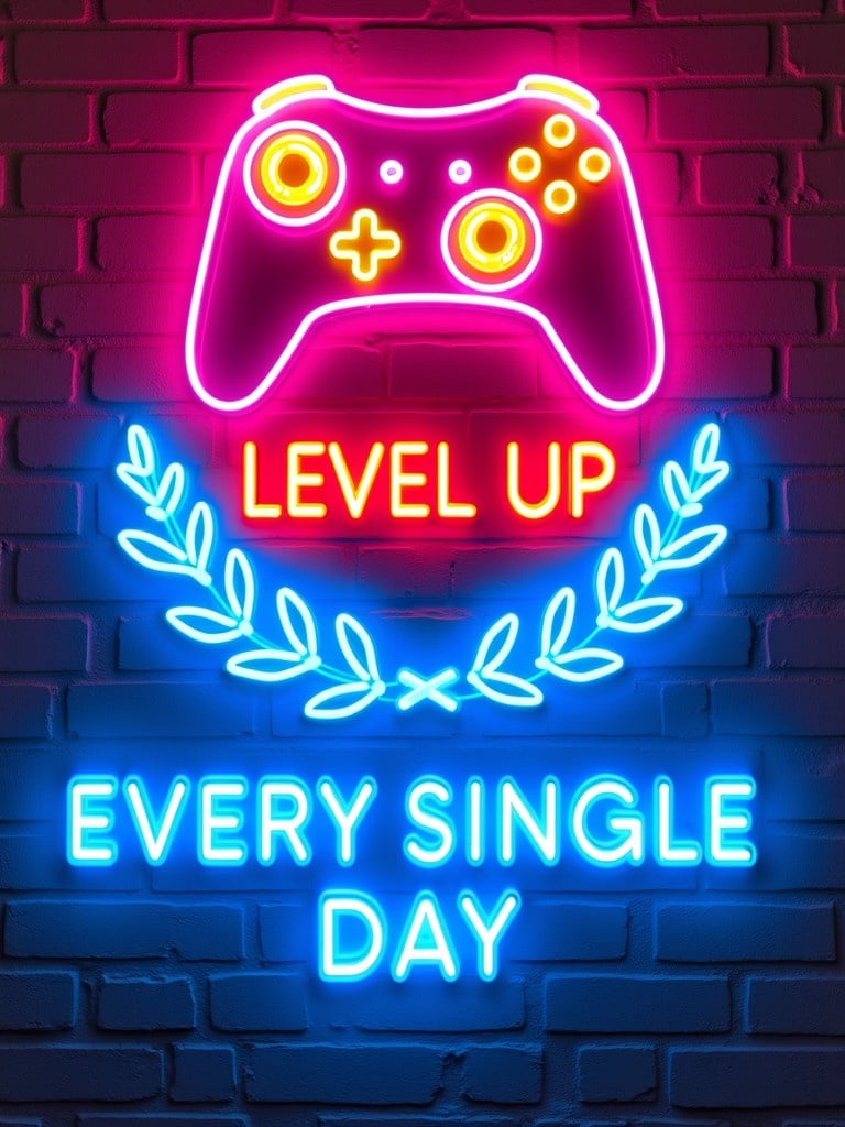 A vibrant neon sign mounted on a white brick wall. Features a bright pink neon outline of a game controller with yellow detailing for buttons. Below it, a red neon sign reads LEVEL UP. Glowing blue laurel leaves add decoration below the controller. Finally, the words EVERY SINGLE DAY are illuminated in blue neon. The overall design appeals to gamers and suggests constant improvement in gaming.