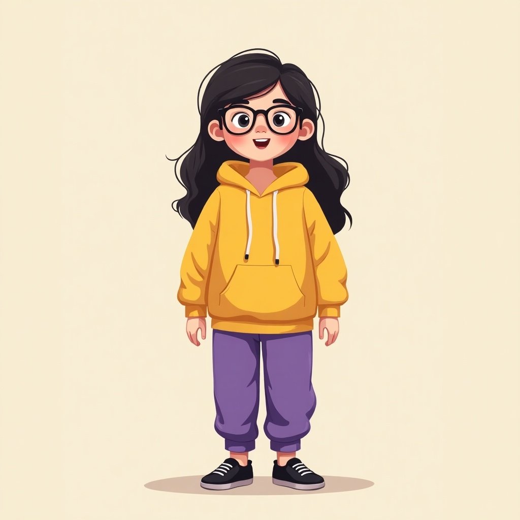 An illustration of an 11 year old girl wearing a yellow hoodie and purple joggers. She has long loose hair. She wears black shoes. The background is a simple beige.