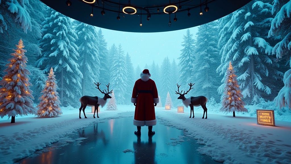 Cinematic image showcasing Santa Claus in a high-tech room with holographic designs. Openings reveal snowy woods and sky above. Sleigh and reindeer parked nearby. Wide shot with glowing models and festive messages.