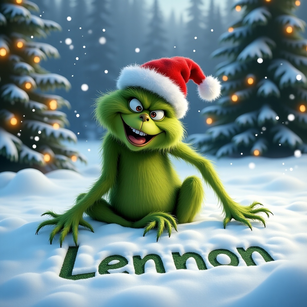 A whimsical green creature resembling the Grinch sitting in snow. Creature wears a red Santa hat. Writing name Lennon in snow with joyful expression. Background features snowy trees, snowflakes, and holiday lights.