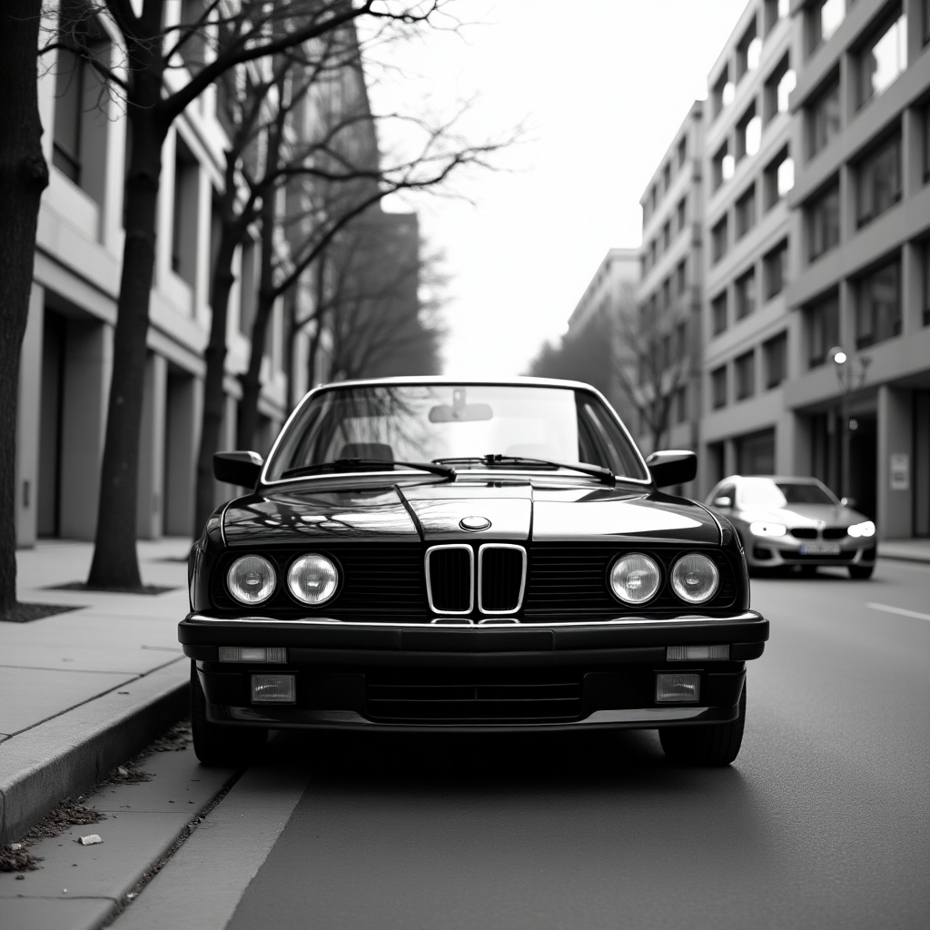 A classic black car parked on an empty city street. Frontal view showcasing the twin-kidney grille and round headlights. Modern buildings in the background with bare trees along the sidewalk. Black and white image highlighting urban elegance. A second car is partially visible in the background.