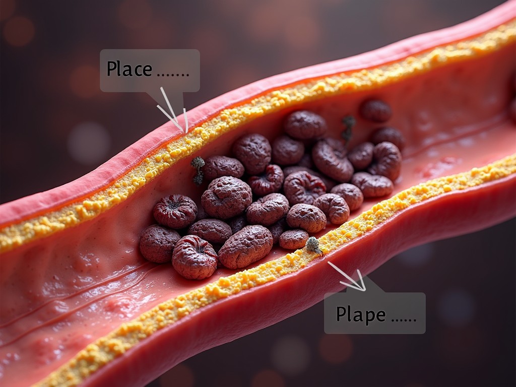 The image depicts a cross-section of an artery, filled with blood cells and covered with a layer that resembles atherosclerosis. The inner surface appears smooth, with irregularly shaped particles suggesting a depiction of arterial plaque. The labels, possibly indicating anatomical features, are artistically styled bubbles pointing to different areas.