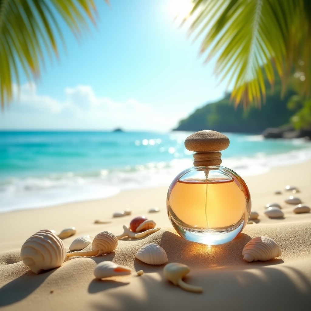 A glass perfume bottle sits elegantly on a sandy beach. It is surrounded by scattered seashells glistening in the bright sunlight. The backdrop features gentle ocean waves lapping at the shore. Lush palm trees frame the scene, adding to the tropical vibe. This idyllic setting evokes a sense of relaxation and beauty, perfect for a fragrance advertisement.