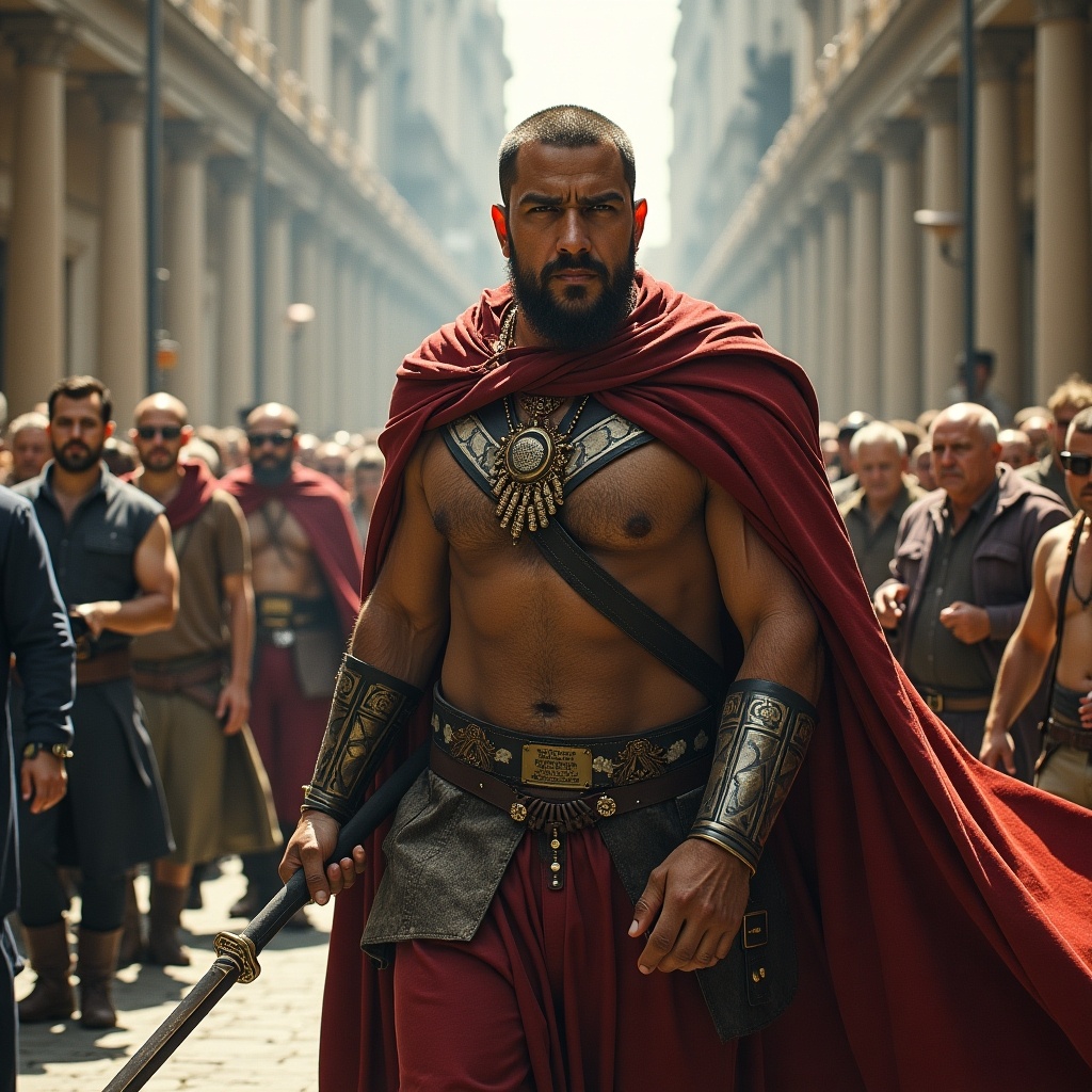 A warrior stands confidently in a street lined with people. He wears ornate armor and a red cape. The setting appears to be ancient Rome, bustling with a crowd.