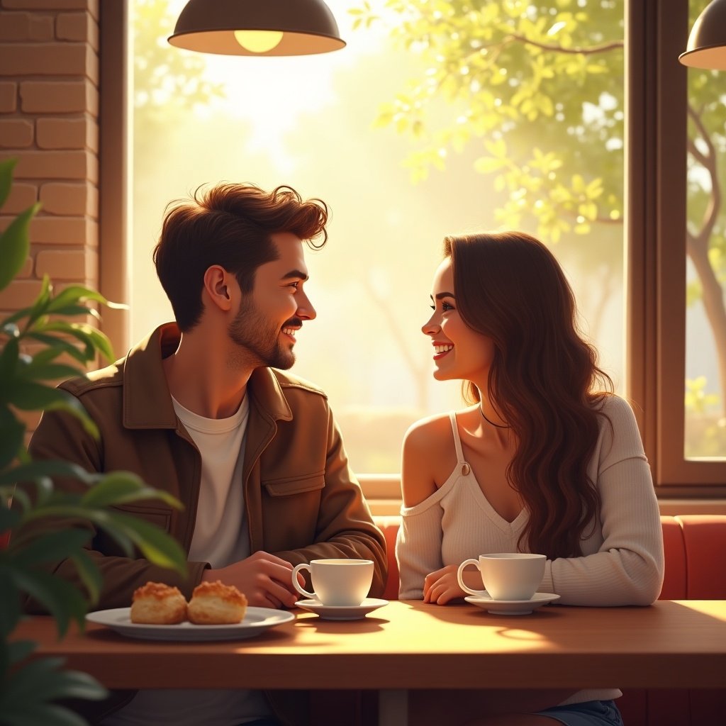 In a cozy café, a couple enjoys a warm, romantic moment together. They are sitting at a small table while holding cups of coffee. The sun filters through the window, creating a warm, inviting atmosphere. Their faces light up with smiles, showcasing their connection and joy in each other's company. Around them are hints of a lush green environment and pastries on the table, adding to the charm of the scene.