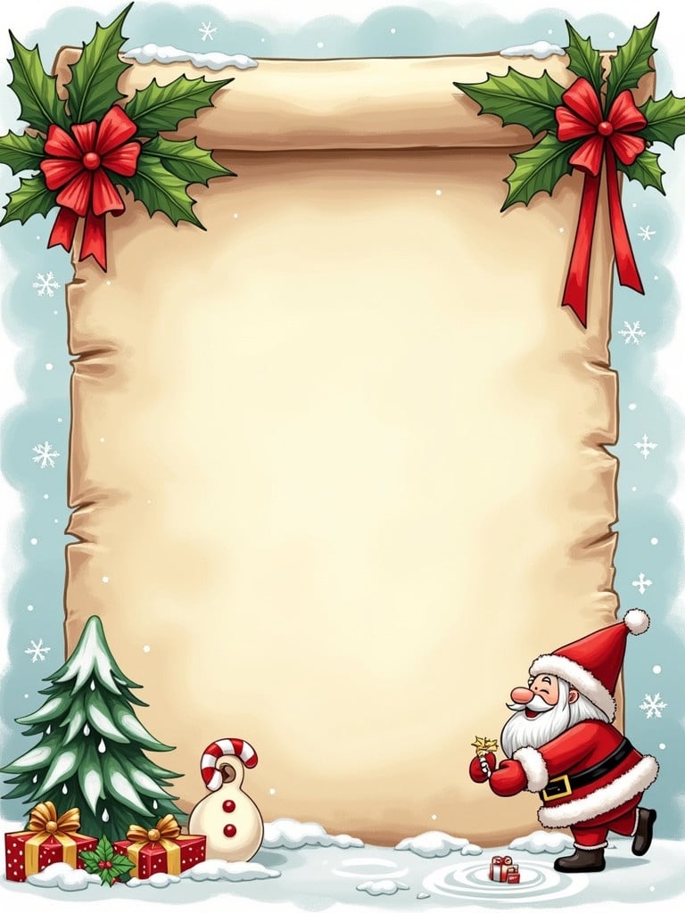 Illustration of a holiday-themed letter to Santa Claus. Features a blank scroll adorned with Christmas elements, presents, a snowman, and a Christmas tree. Includes the name Blake Wilson on a nice list.