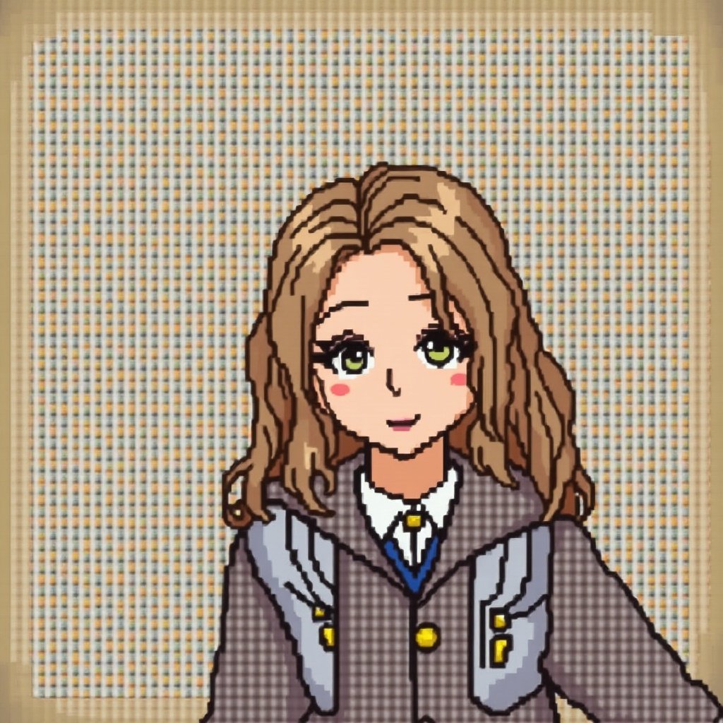 This is a pixel art illustration of a young girl with long, wavy blonde hair. She is wearing a stylish gray blazer with blue and white accents. Her big green eyes give her a friendly expression. The background has a textured beige pattern that complements her outfit. This charming artwork captures a playful and youthful essence. This character could resonate with audiences in gaming and animation.