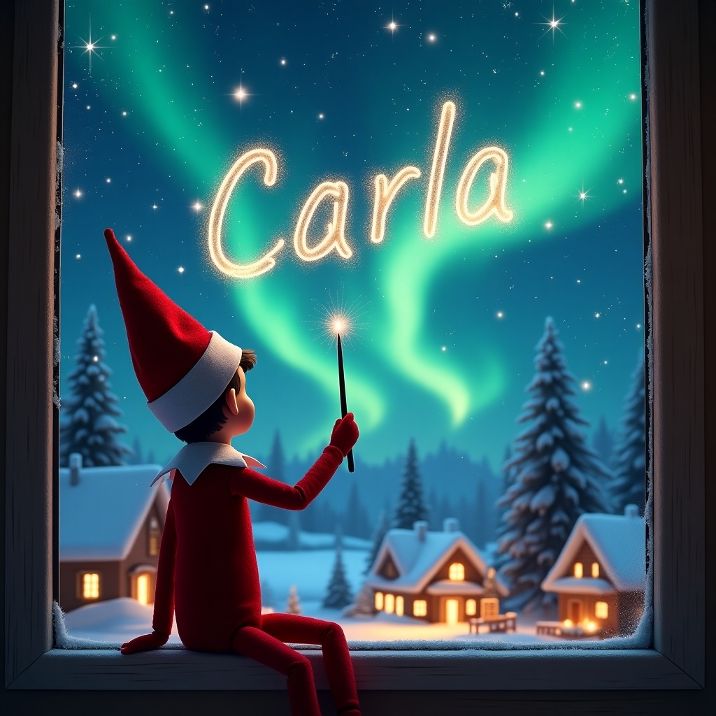 Magical Christmas scene featuring an elf on the shelf. Elf wearing a red outfit and pointed hat. Sitting on window ledge. Writing name 'Carla' in the night sky with a wand. Beautiful northern lights backdrop. Snowy landscape with quaint houses.