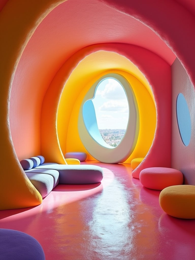 A bizarre interior featuring blobby architecture with bright colors. The space has rounded shapes and an inviting atmosphere. The room is filled with colorful furniture and an expansive window.