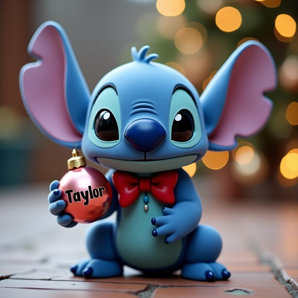 Cute character resembling Stitch from Disney. Character is blue with large ears and a bow tie. Character is holding a Christmas bauble with the name Taylor.