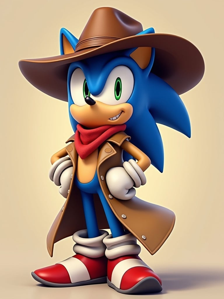 Sonic wears a western hat and trench coat. No background present. He stands confidently and smiles. A red bandana is around his neck. Image features a cartoonish style and bright colors.