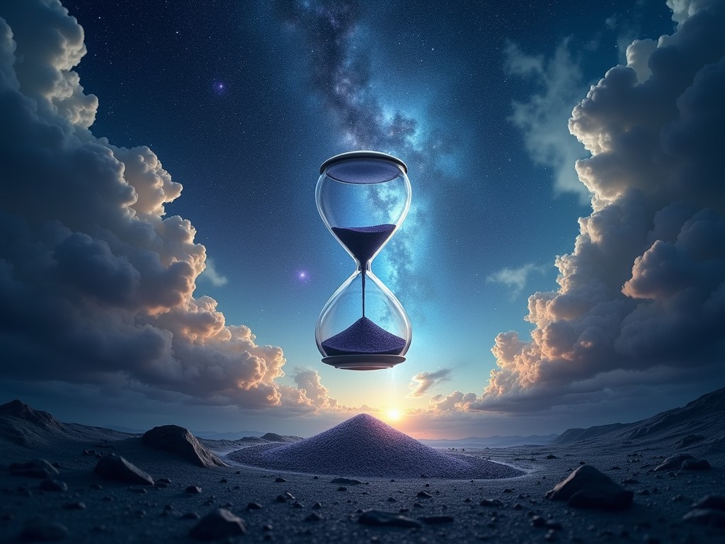 This enchanting image features a large hourglass suspended above a serene landscape at dusk, with sand appearing to pour out onto the terrain. Towering clouds frame the scene, illuminated by the soft glow of a fading sunset, while a starry sky unfolds above. The composition blends elements of nature, time, and the cosmos, evoking a sense of tranquility and reflection.