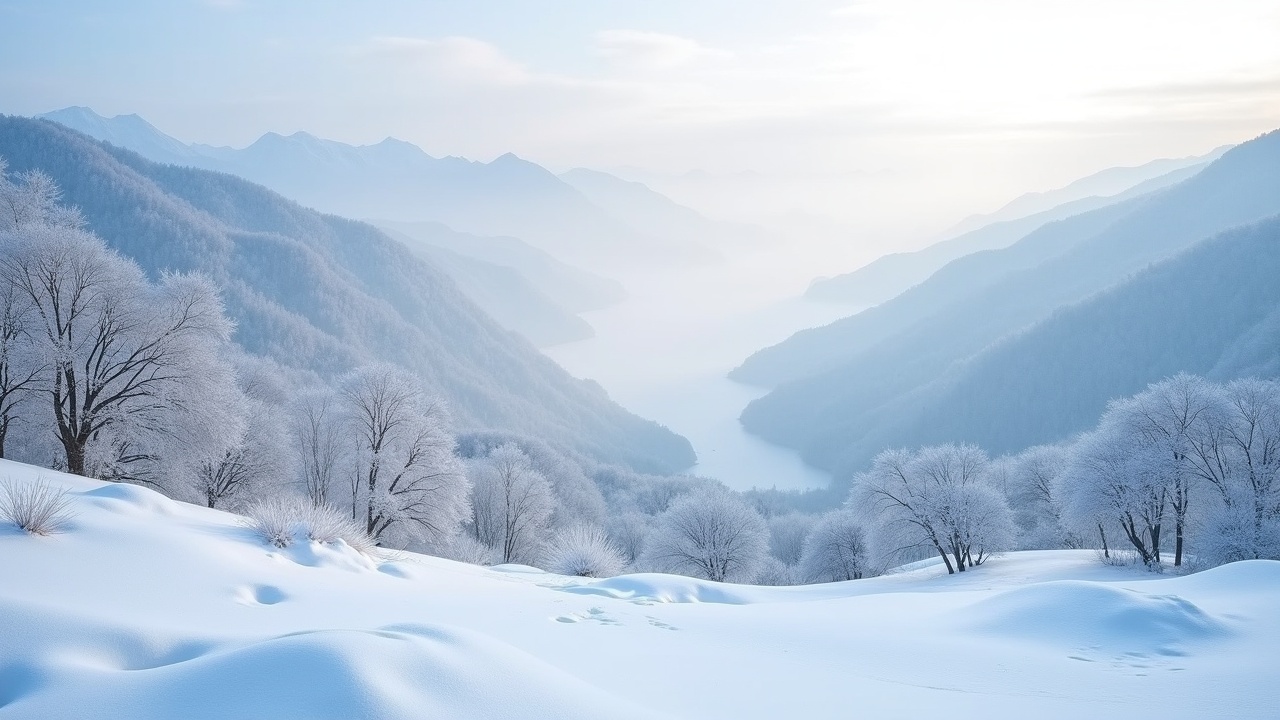 The image captures the tranquil beauty of a snowy landscape in Jiangnan. Soft snowflakes gently float in the air, creating a serene atmosphere. The layers of mountains are coated in a pristine white snow, showcasing the beauty of winter. A river is visible at the bottom of the valley, partially veiled by gentle mist. The overall scene is illuminated by soft light, enhancing the dreamlike quality of the scenery.