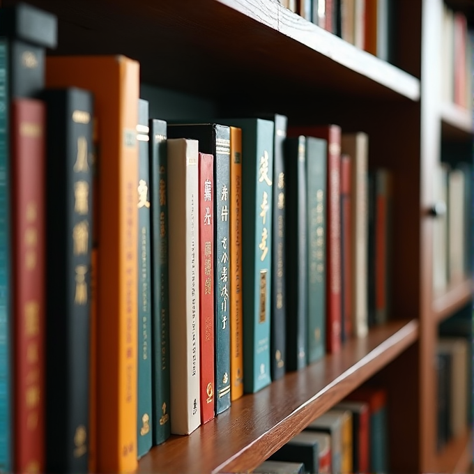 A shelf containing rows of books with colorful spines and Chinese characters in a library.